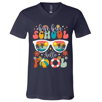 Groovy Bye Bye School Hello Pool Last Day Of School Summer V-Neck T-Shirt