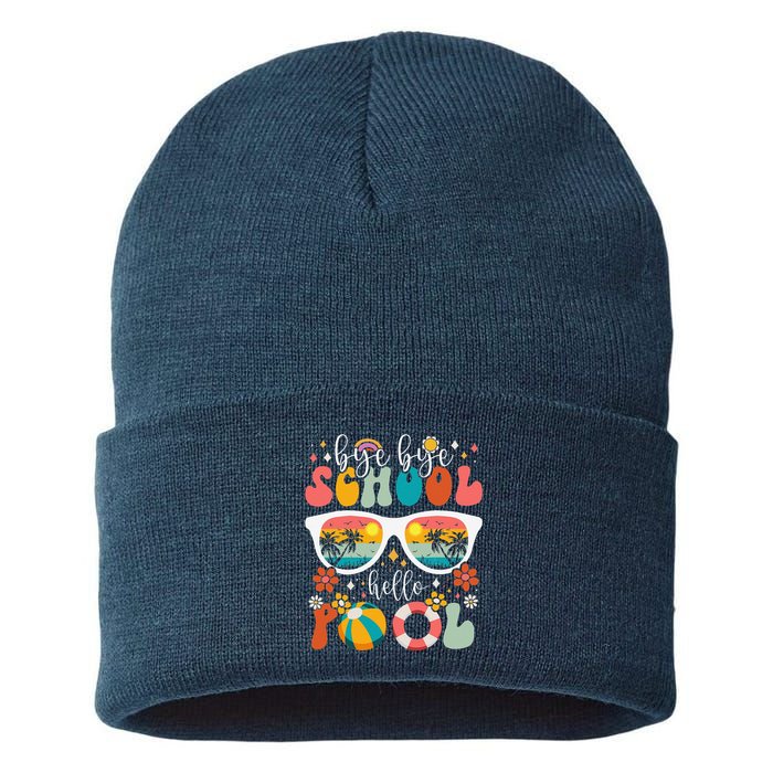 Groovy Bye Bye School Hello Pool Last Day Of School Summer Sustainable Knit Beanie