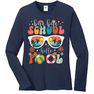 Groovy Bye Bye School Hello Pool Last Day Of School Summer Ladies Long Sleeve Shirt