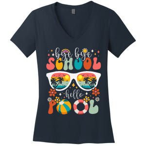 Groovy Bye Bye School Hello Pool Last Day Of School Summer Women's V-Neck T-Shirt