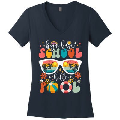 Groovy Bye Bye School Hello Pool Last Day Of School Summer Women's V-Neck T-Shirt