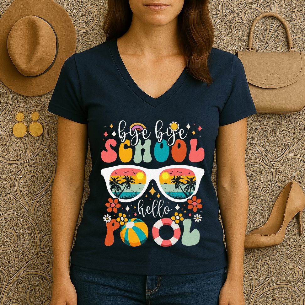Groovy Bye Bye School Hello Pool Last Day Of School Summer Women's V-Neck T-Shirt