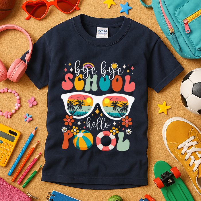 Groovy Bye Bye School Hello Pool Last Day Of School Summer Kids T-Shirt