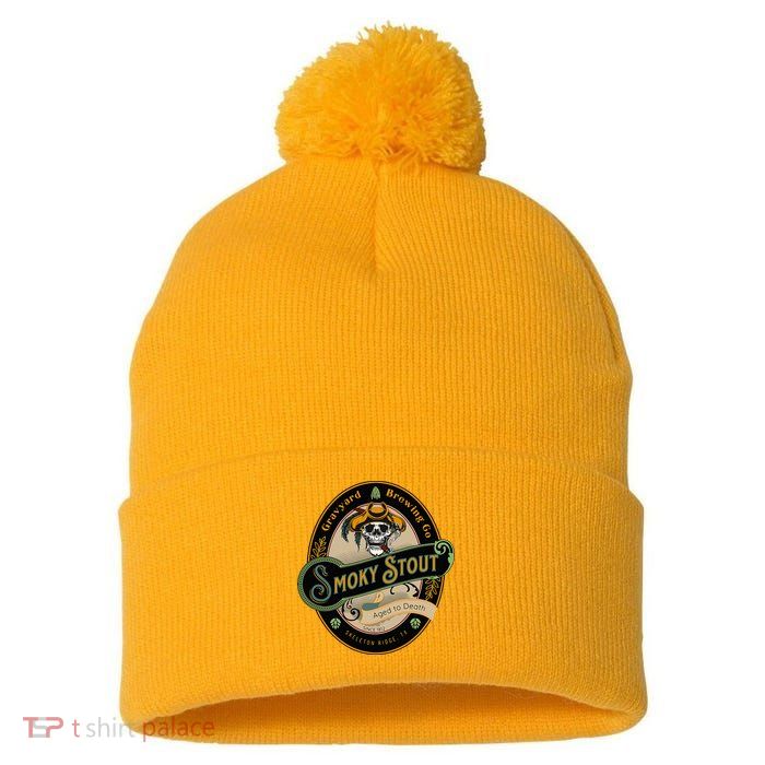 Graveyard Brewery Craft Beer Label Skeleton With Cigar Pom Pom 12in Knit Beanie