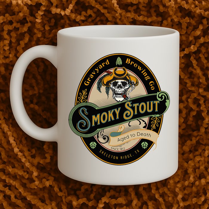 Graveyard Brewery Craft Beer Label Skeleton With Cigar Mug