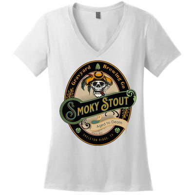 Graveyard Brewery Craft Beer Label Skeleton With Cigar Women's V-Neck T-Shirt