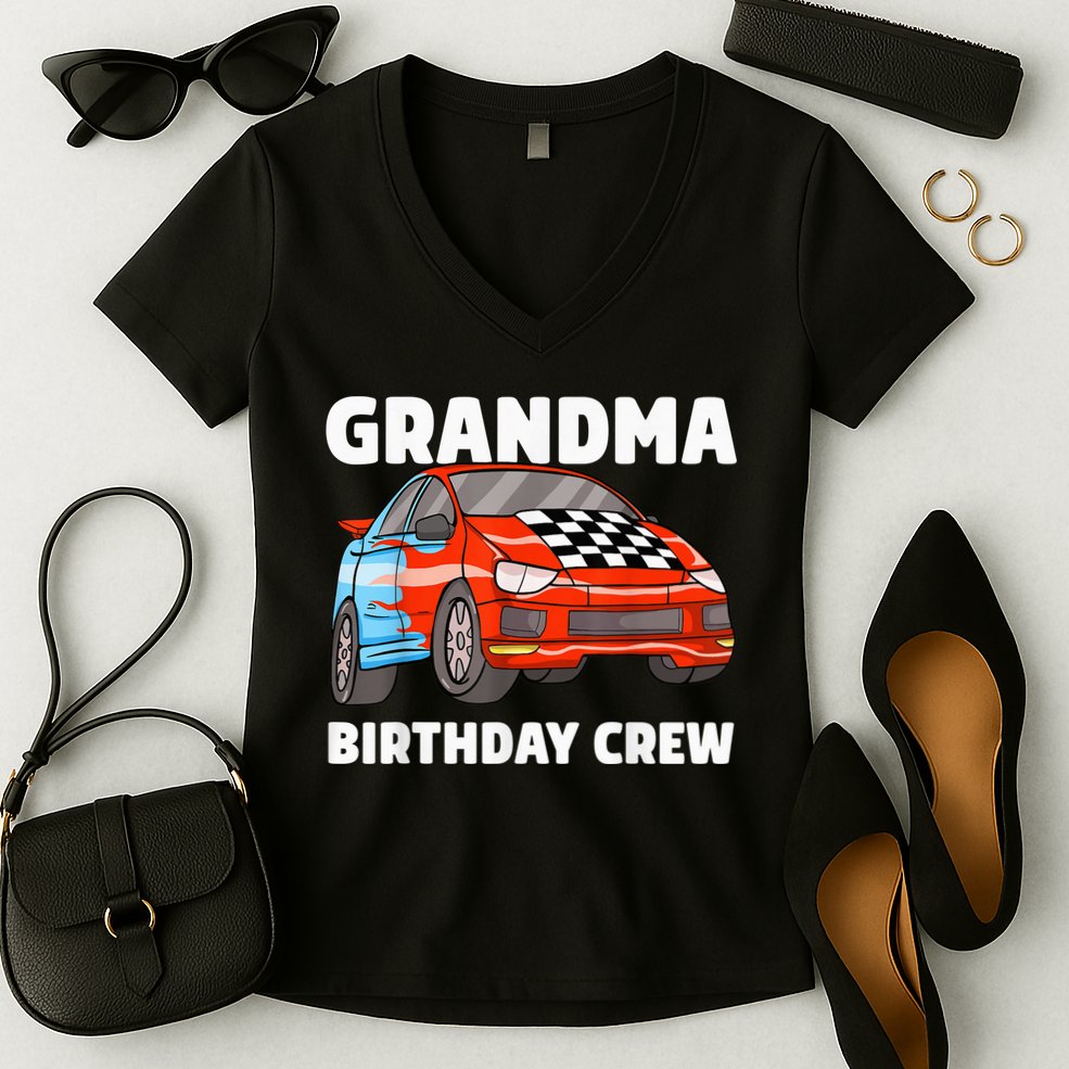 Grandma Birthday Crew Race Car Nana Racing Car Theme Women's V-Neck T-Shirt