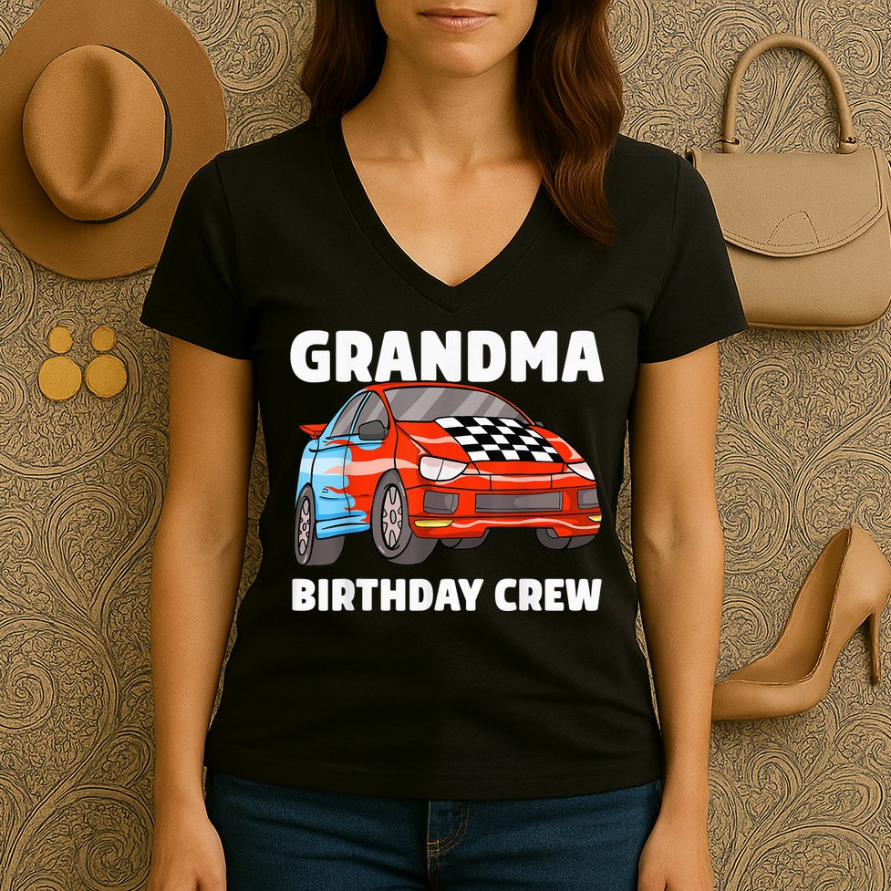 Grandma Birthday Crew Race Car Nana Racing Car Theme Women's V-Neck T-Shirt