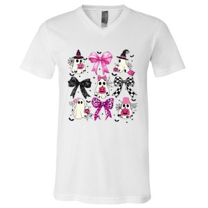 Ghost Bow Coquette Halloween Spooky Season V-Neck T-Shirt