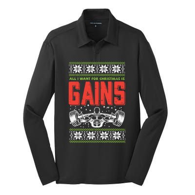 Gains Bodybuilder Christmas Sweater Gym Weightlifter Gift Great Gift Silk Touch Performance Long Sleeve Polo