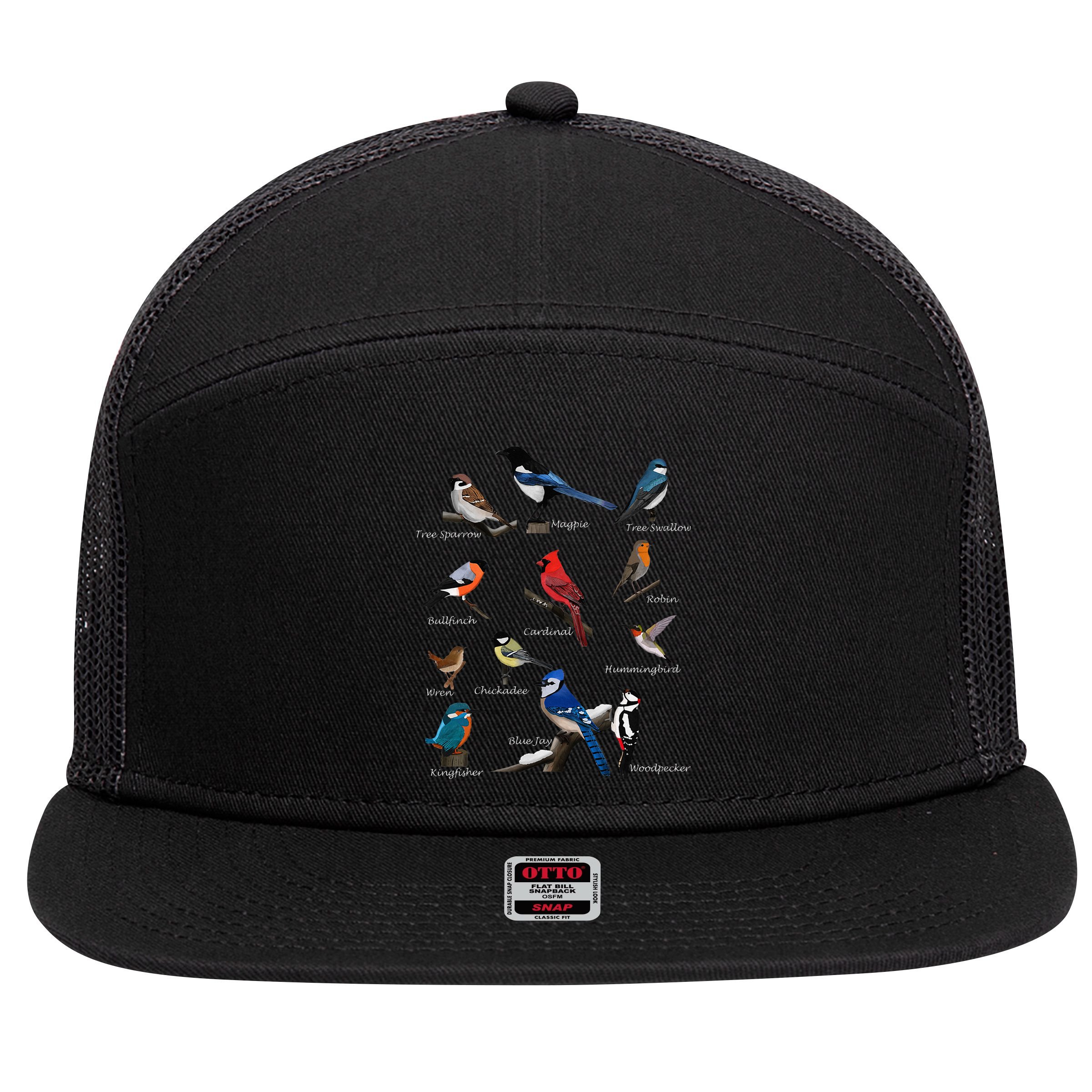 Garden Birds Cardinal Blue Jay Hummingbird Robin Wren Finch 7 Panel Mesh Trucker Snapback Hat