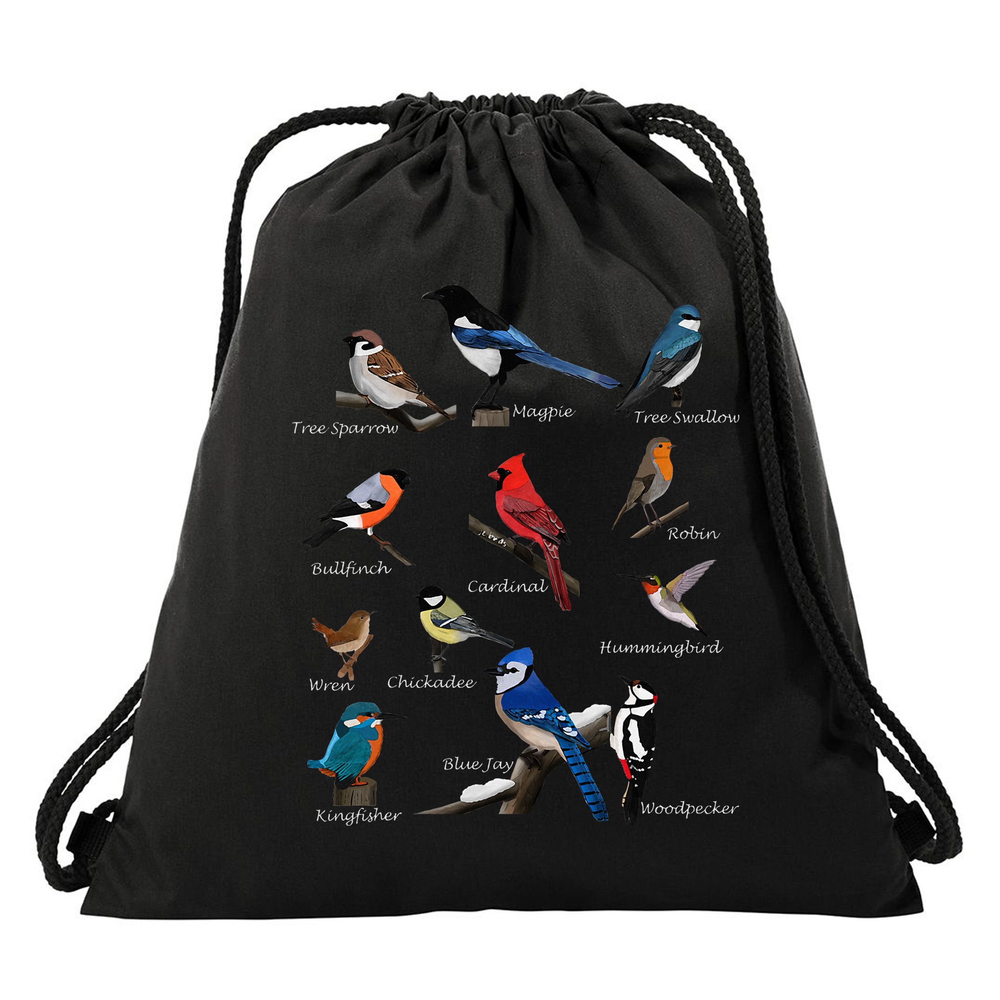 Garden Birds Cardinal Blue Jay Hummingbird Robin Wren Finch Drawstring Bag