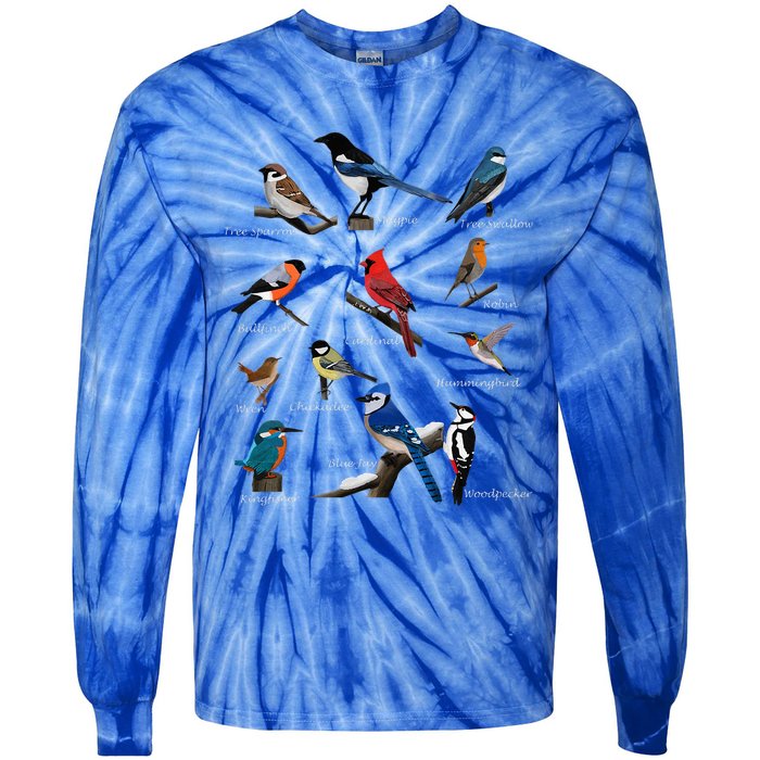 Garden Birds Cardinal Blue Jay Hummingbird Robin Wren Finch Tie-Dye Long Sleeve Shirt