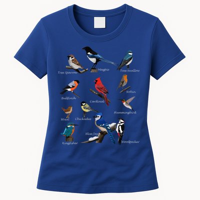 Garden Birds Cardinal Blue Jay Hummingbird Robin Wren Finch Womens T-Shirt