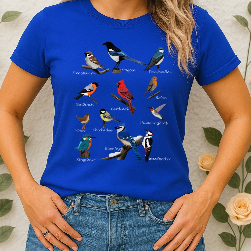 Garden Birds Cardinal Blue Jay Hummingbird Robin Wren Finch Womens T-Shirt