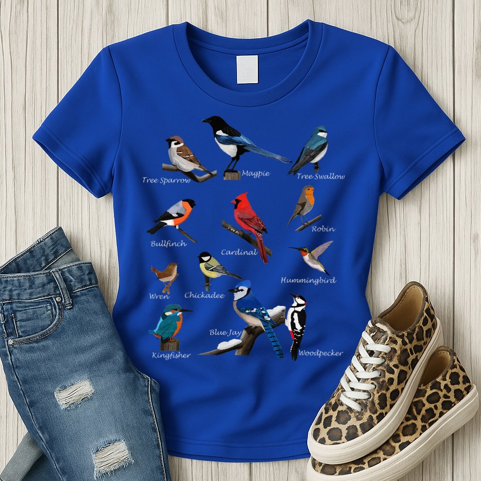 Garden Birds Cardinal Blue Jay Hummingbird Robin Wren Finch Womens T-Shirt