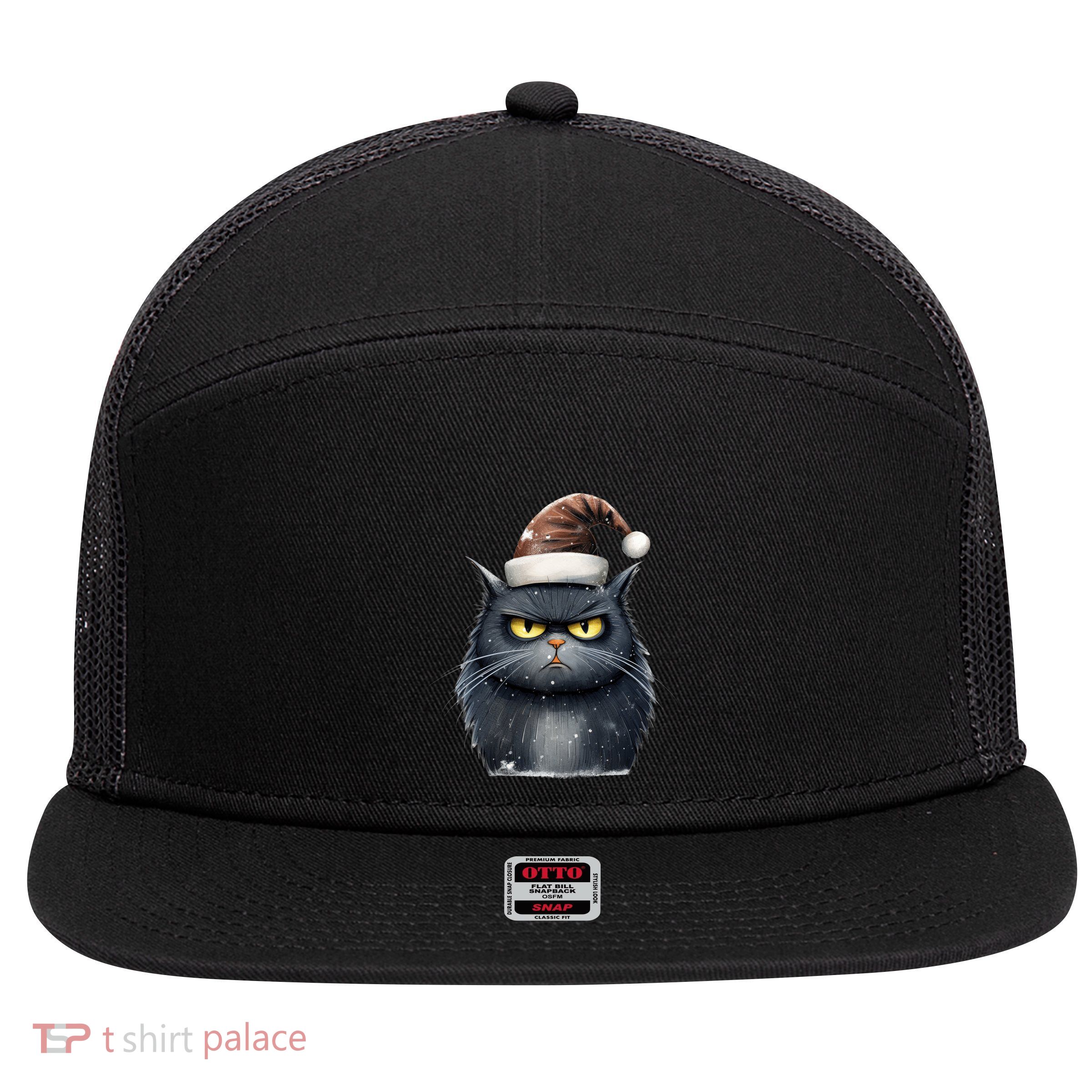 Grumpy Black Christmas Cat Santa Hat 7 Panel Mesh Trucker Snapback Hat