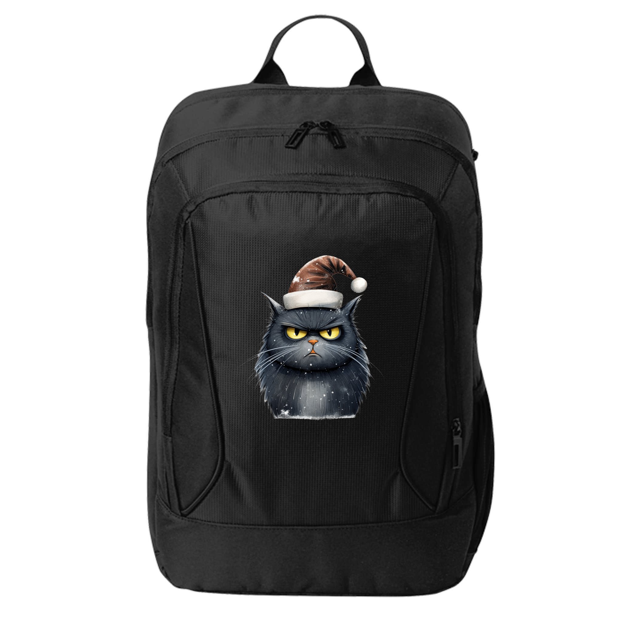 Grumpy Black Christmas Cat Santa Hat City Backpack