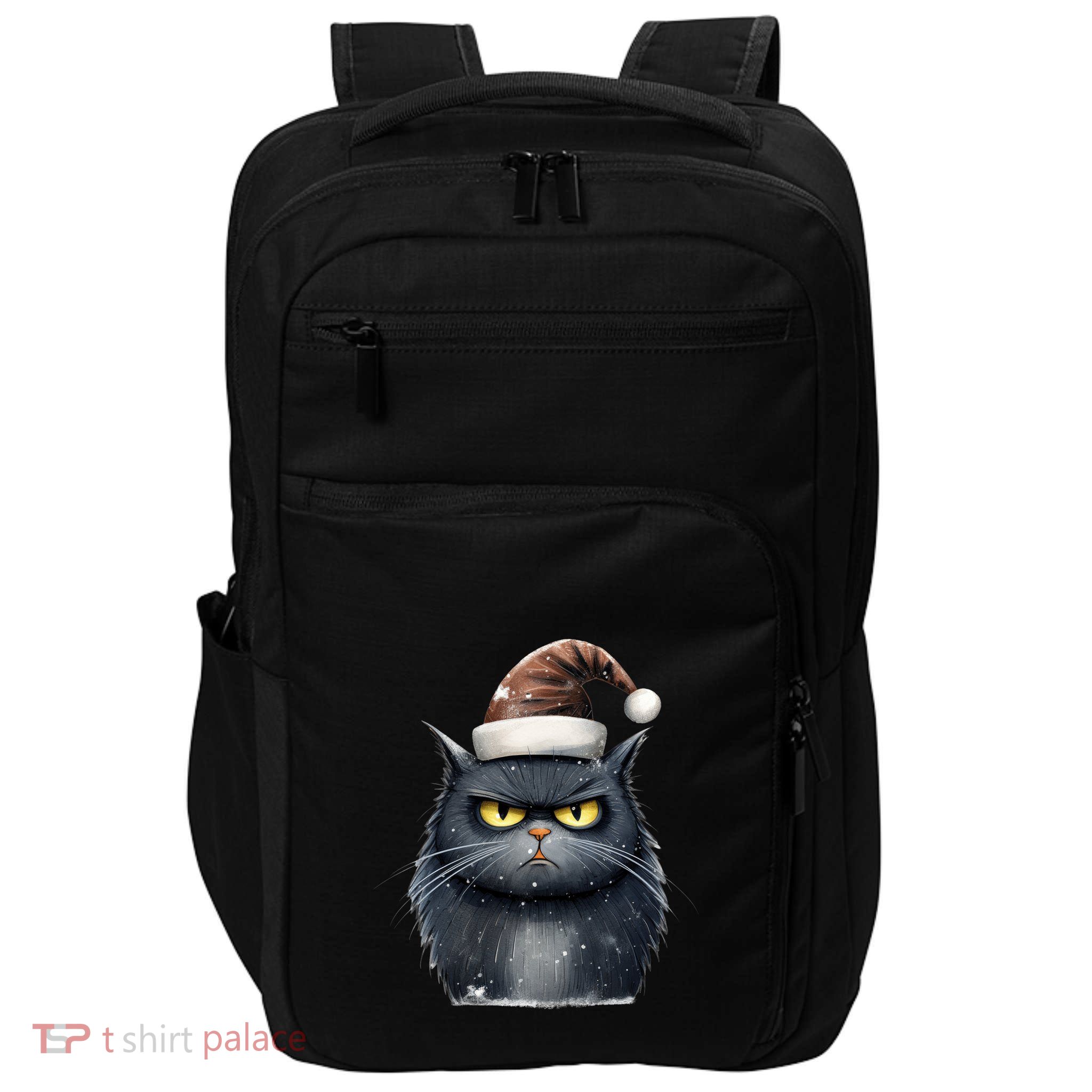 Grumpy Black Christmas Cat Santa Hat Impact Tech Backpack