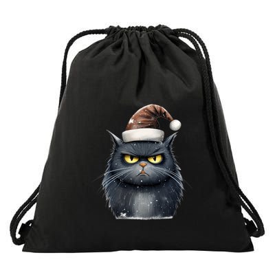 Grumpy Black Christmas Cat Santa Hat Drawstring Bag