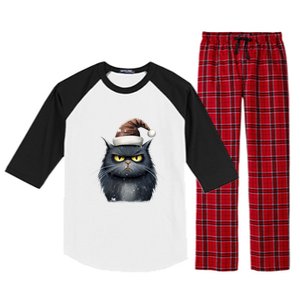 Grumpy Black Christmas Cat Santa Hat Raglan Sleeve Pajama Set