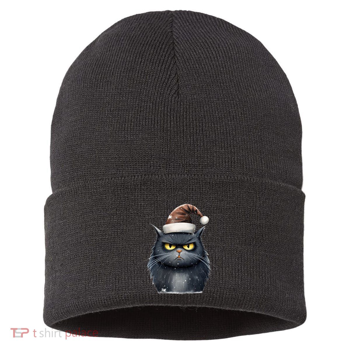 Grumpy Black Christmas Cat Santa Hat Sustainable Knit Beanie