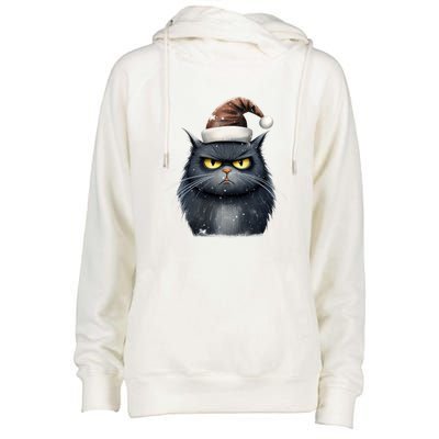 Grumpy Black Christmas Cat Santa Hat Womens Funnel Neck Pullover Hood