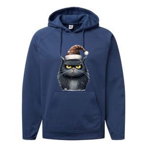 Grumpy Black Christmas Cat Santa Hat Performance Fleece Hoodie