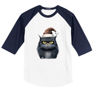 Grumpy Black Christmas Cat Santa Hat Baseball Sleeve Shirt