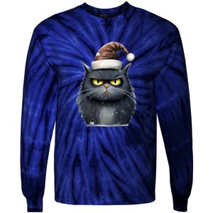 Grumpy Black Christmas Cat Santa Hat Tie-Dye Long Sleeve Shirt