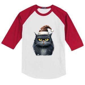 Grumpy Black Christmas Cat Santa Hat Kids Colorblock Raglan Jersey