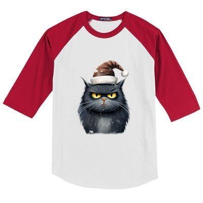 Grumpy Black Christmas Cat Santa Hat Kids Colorblock Raglan Jersey