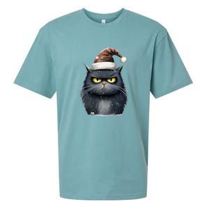 Grumpy Black Christmas Cat Santa Hat Sueded Cloud Jersey T-Shirt