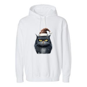 Grumpy Black Christmas Cat Santa Hat Garment-Dyed Fleece Hoodie