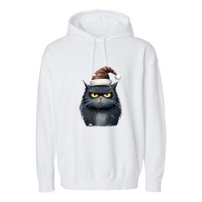 Grumpy Black Christmas Cat Santa Hat Garment-Dyed Fleece Hoodie