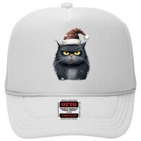 Grumpy Black Christmas Cat Santa Hat High Crown Mesh Back Trucker Hat