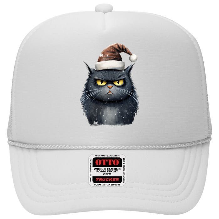 Grumpy Black Christmas Cat Santa Hat High Crown Mesh Back Trucker Hat