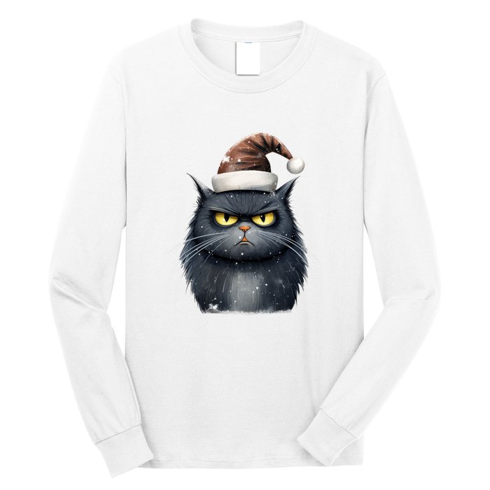 Grumpy Black Christmas Cat Santa Hat Long Sleeve Shirt