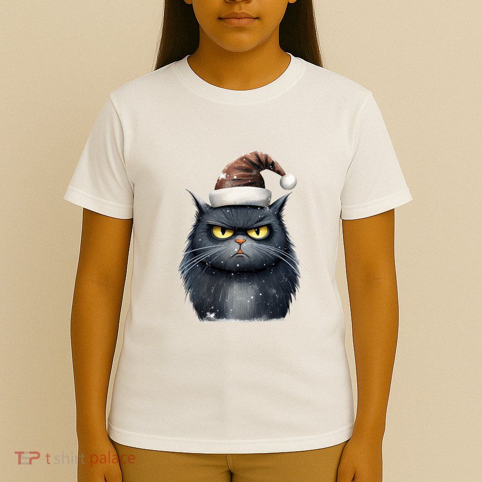 Grumpy Black Christmas Cat Santa Hat T-Shirt