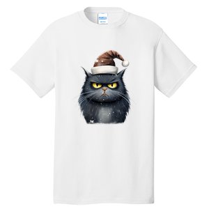 Grumpy Black Christmas Cat Santa Hat Tall T-Shirt