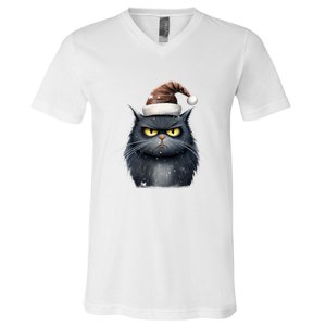 Grumpy Black Christmas Cat Santa Hat V-Neck T-Shirt