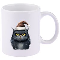 Grumpy Black Christmas Cat Santa Hat 11oz C Handle Ceramic Mug