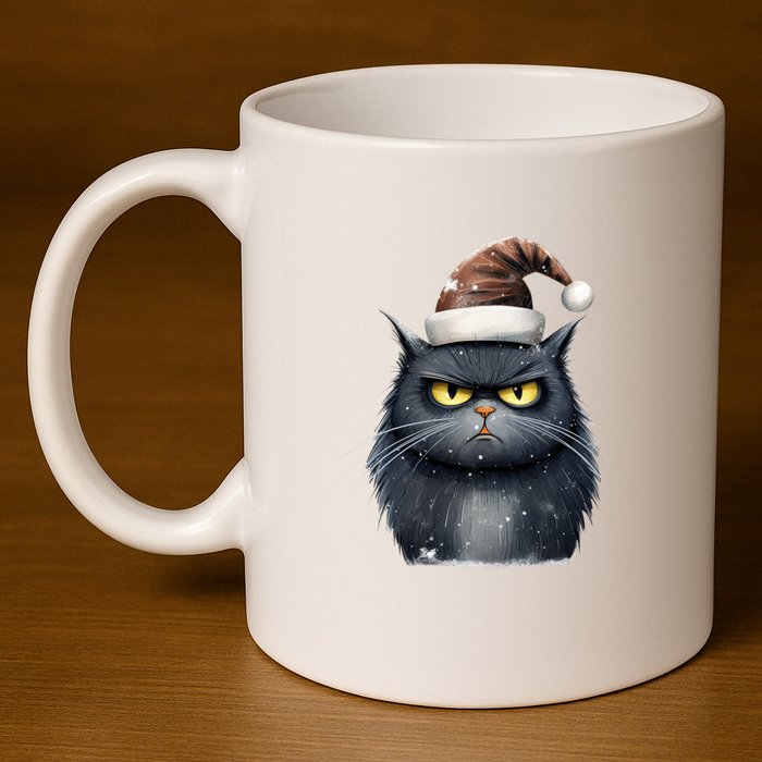 Grumpy Black Christmas Cat Santa Hat 11oz C Handle Ceramic Mug