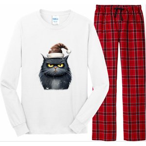 Grumpy Black Christmas Cat Santa Hat Long Sleeve Pajama Set