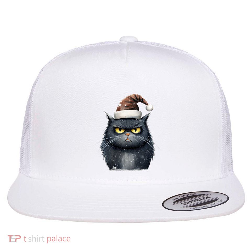 Grumpy Black Christmas Cat Santa Hat Flatbill Hat