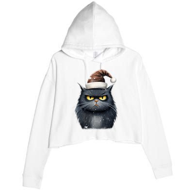 Grumpy Black Christmas Cat Santa Hat Crop Fleece Hoodie