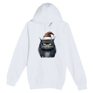 Grumpy Black Christmas Cat Santa Hat Premium Pullover Hoodie