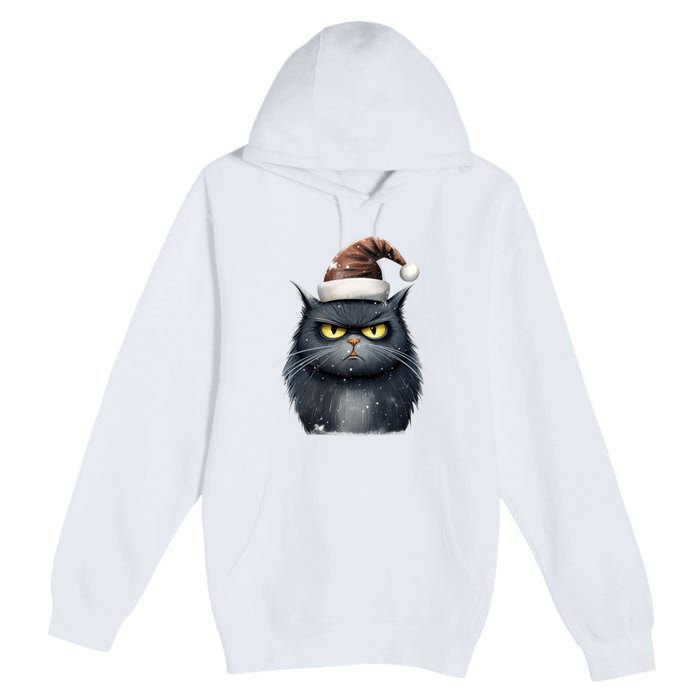 Grumpy Black Christmas Cat Santa Hat Premium Pullover Hoodie