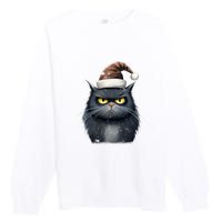 Grumpy Black Christmas Cat Santa Hat Premium Crewneck Sweatshirt