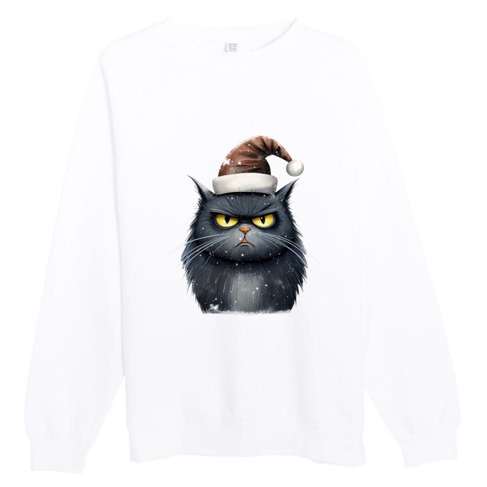 Grumpy Black Christmas Cat Santa Hat Premium Crewneck Sweatshirt